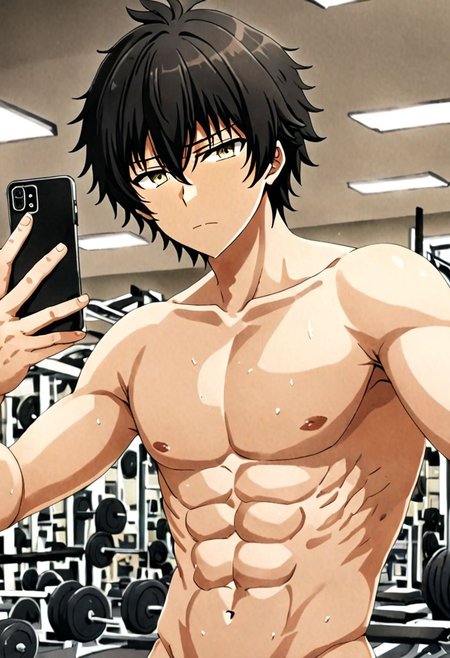 high resolution, solo, best quality, 1Boy, Seiya Kanie, black hair, short hair, thin, Gym, sixpack, shirtless, selfie, OverallDetail