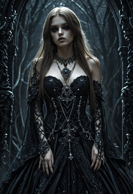 Gothic style <lora:ul0px:1>,ul0px (style, 1girl, fantasy art, dress, jewelry, necklace), . Dark, mysterious, haunting, dramatic, ornate, detailed