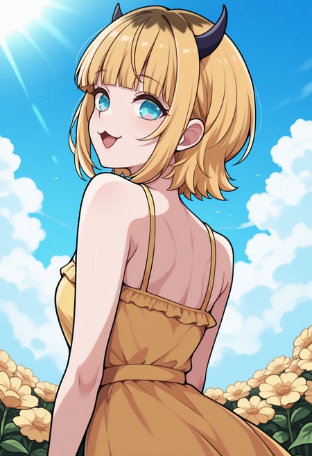masterpiece, best quality, <break> from behind, solo, 1girl, m3mcho, :3, open mouth, looking back, short hair, multicolored hair, blonde hair, blunt bangs, sidelocks, fake horns, demon horns, blue eyes, yellow sundress, bare shoulders, outdoors, blue sky, cloud, sunlight, flower field
<segment:yolo-Anzhc Face seg 640 v2 y8n.pt,0.4,0.5//cid=1>