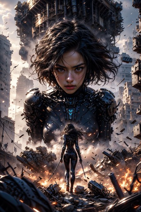 Epic CG masterpiece, hdr,dtm, full ha,8K, ultra detailed graphic tension, dynamic poses, stunning colors, 3D rendering, surrealism, cinematic lighting effects, realism, 00 renderer, super realistic, full - body photos, super vista, super wide Angle, HDï¼
In a futuristic abandoned city, a girl with a huge mechanical arm is engaged in a fierce struggle with the enemy, Her name is Alita, a fighting angel from the future world, Her eyes are firm and resolute, showing the desire for victory, high-definition picture, real effect, hyper-realistic portraits, xiaofei yue, uniformly staged images, flat yet expressive, gothï¼
<lora:ç»ªå¿-é¿ä¸½å¡ Alita:0.8>