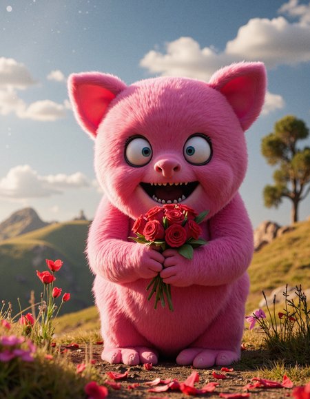 A cute, yet terrifying Valentine's Day monster with bright pink fur and large, expressive eyes, holding a bouquet of roses, set in a fantastical landscape, rendered in hyperrealistic detail, 64K resolution, and professional photography style
