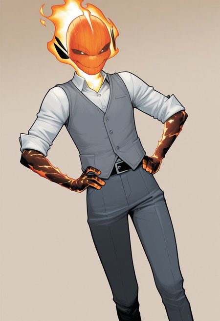 masterpiece, absurdres, high quality, perfect anatomy, 1boy, solo, cute boy, male focus, doyle, Orange Fire, Black Scelera, colored scelera, white shirt, grey vest, belt, sleeves rolled up, smug smile, hands on hips, cinematic, intricately detailed illustration, depth of field, masterpiece, best quality, amazing quality, very aesthetic, absurdres, newest, very awa,  shadow, dynamic angle, casual cosplay, dynamic pose, simple background,