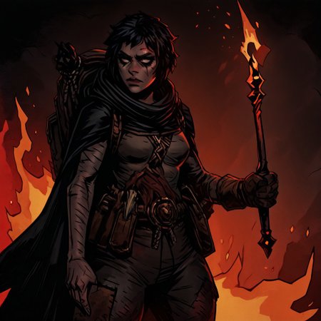 masterpiece, best quality, newest, absurdres, highres,  
TTCSV1.0, cherry-gig, 
1girl, DDRAW-V1.0, cape, black hair, short hair, small breasts, backpack, rags, weapon, holding weapon, fire,