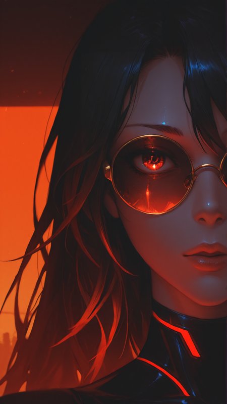 1girl, <lora:add-detail-xl:1>,
masterpiece,best quality,
Close-up portrait, mysterious woman with dark flowing hair, wearing round gold-rimmed sunglasses, intense golden-red sunset reflection in lenses, deep black and red color palette, high-contrast lighting, soft yet striking facial features, glossy lips with subtle highlights, futuristic cyberpunk aesthetic, moody and cinematic atmosphere, minimalist background with abstract neon-inspired glow, sleek and modern illustration style, bold and dramatic composition, facing viewer, front view, looking at viewer