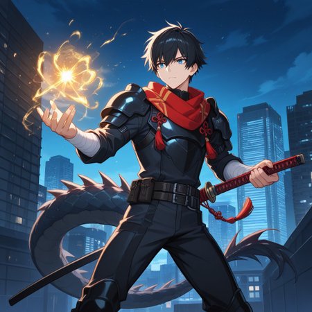 score_9, score_8_up, score_7_up, score_6_up, highly detailed, masterpiece, best quality, detailed, intricate details, amazing quality, best aesthetic, absurdres, source_anime, male focus, 1boy, red scarf, bodysuit, shoulder armor, armor, legs apart, fishnets  belt, tassel, sheathed, katana, bandaged arm, black hair, blue eyes, male focus, yellow scarf, tattoo, short hair, magic, wind and lighting magic, dragon tail, feathery wings, skyscraper, neon light, starry, edge, tile, outdoor, cloud, masterpiece, best quality, ultra-detailed, illustration, an extremely delicate and beautiful, beautiful detailed eyes,unity 8k wallpaper, high resolution, anime CG, official_art,