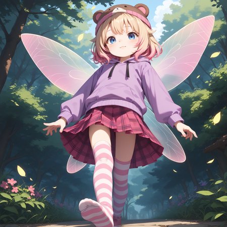 score_9, score_8_up, score_7_up, best quapoty, highres, absurdres, source_anime, zPDXL3, 1girl,solo,  from below, stepping, stepping on viewer
sizzlesjellyqueen, blue eyes,  7_year_old_girl, child, flat_chest,  blonde_hair, pink_hair, two-tone_hair,  fairy_wings, pink_wings, skirt, purple hoodie, red skirt, pink thighhighs, striped legwear, pink legwear
<lora:SizzlesJellyQueenPony:1>, teddy bear hat, bear ears, hat,  virtual youtuber,