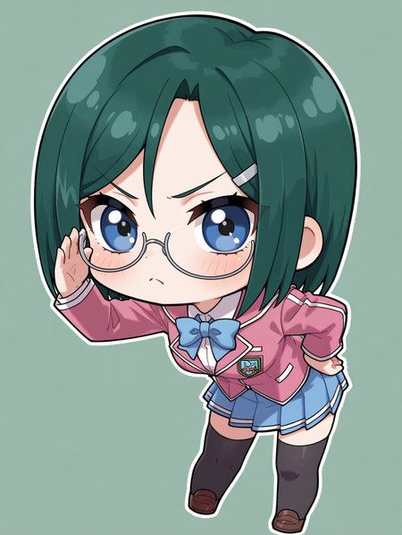 chibi,reika hara,white under-rim eyewear,silver hairclip,duel academy uniform \(yu-gi-oh!\),1girl,solo,adjusting eyewear,hand on hip,looking at viewer,leaning forward,white outline,full body,closed mouth,green background,simple background,standing,v-shaped eyebrows,frown,blush,pink jacket,white shirt,blue neck bow,blue pleated skirt,black thighhighs,brown shoes,
masterpiece,best quality,amazing quality,very aesthetic,absurdres,newest,<lora:Reika Hara & Kaiho Rin illusXL v1:0.72>,