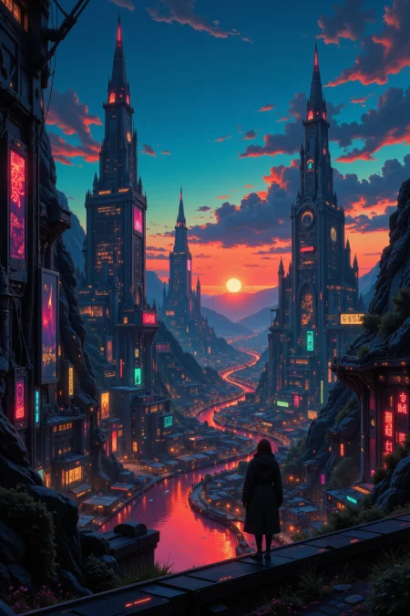 a futuristic sci-fi fantastic cyberpunk city beautiful  landscape, dusk, woman, very intricate, very detailed, sharp, bright, colorful, <lora:Hand v2:0.5> <lora:Anti-Blur:1><lora:Insane Detail Slider:0.25>  <lora:flux.1_lora_flyway_Epic-detail_v2:0.3> <lora:fluxenhancer:0.25> <lora:Anime_style:0.6> anime style