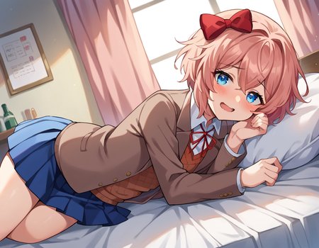 score_9, score_8_up, score_7_up, source_anime,
ddlcsayori, <lora:ddlc-sayori-ponyxl-lora-nochekaiser:1>
ddlcsayori, blue eyes, hair between eyes, hair bow, hair ornament, pink hair, red bow, short hair,
blue skirt, pleated skirt, school uniform, skirt, brown jacket, jacket,
indoors, bed, bed room, on side, blush, drunk,
looking at viewer, dutch angle, cowboy shot,