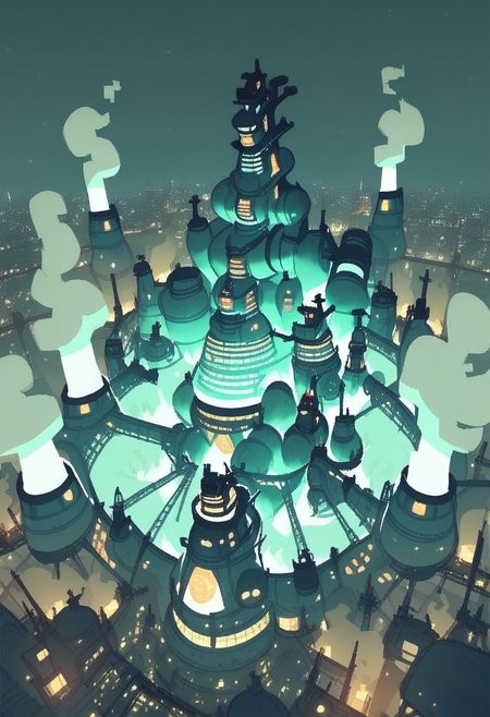 score_9, score_8_up, score_7_up, aerial view of ShinRa headquarters in Midgar, ShinRa tower, Midgar divided into 8 sections, spotlights, smoke, fog, smog, city, night,