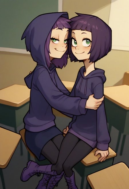 score_9, score_8_up, score_7_up, score_6_up, score_5_up, score_4_up, 2 girls in image, sitting on desks, smiling, looking at viewer, arms around each other, friends, 
BREAK, 
1 girl, square head, green eyes, squinch, round eyes, long hair, dark blue hair, dark blue dress sweater, black leggings, small black boots, 
BREAK
1 girl, short hair, purple hair, long eyelashes, purple hoodie, purple skirt, purple shoes, , hood up