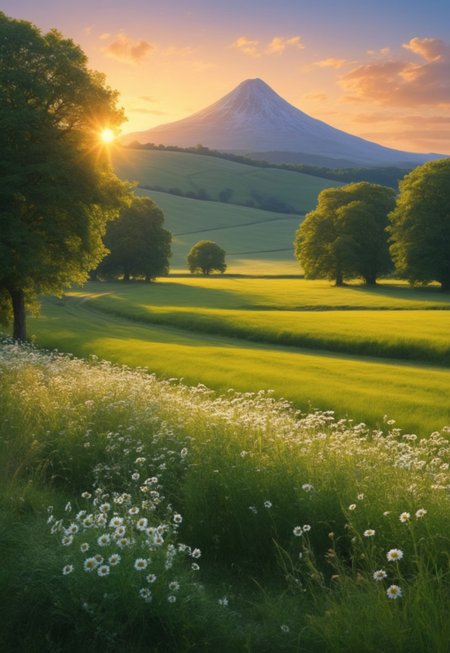 A peaceful countryside scene bathed in the warm glow of golden hour, where soft light transforms the landscape into a tranquil haven. Gentle palette captures the serenity of the moment, infusing the fields and sky with harmonious hues. Dreamlike quality adds an ethereal touch, blurring the lines between reality and imagination as clouds drift lazily overhead. Meanwhile, Boris Vallejo’s fantastical elements introduce a sense of wonder, perhaps featuring whimsical creatures or enchanting flora that invite the viewer to explore this idyllic setting. Together, these artistic styles create a serene composition that celebrates the beauty and magic of rural life, evoking a feeling of peace and contentment.
 (8k uhd:1,4)
 <lora:add-detail-xl:1>
 <lora:Dynamic Poses:1>