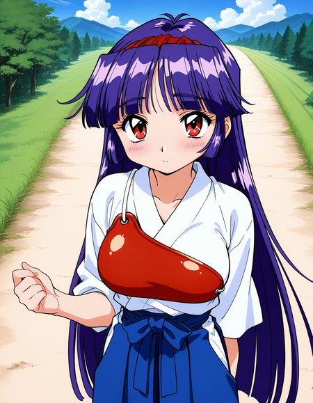 general,highres, ultra-detailed,very aesthetic,best quality ,best hands,  BREAK  <lora:Shiraishi_Yumiko_IS:1>ShiraishiYumiko, long hair, red eyes, red hairband, purple hair, large breasts, blunt bangs,
 1girl, solo, japanese clothes, skirt, hakama, blue hair, red muneate, hakama skirt, blush, outdoors, looking at viewer, blue hakama