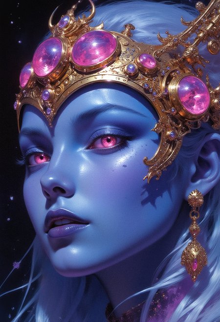 A detailed close-up of a woman's face, with pale blue skin and ethereal white hair. She has glowing, iridescent pink eyes that seem to shimmer with cosmic energy. Her skin is speckled with tiny, glowing particles that resemble stars. She wears an ornate golden crown adorned with large, glowing magenta gems and intricate golden details, each gem reflecting the glowing light from her eyes. Her lips are glossy and dark, a deep, shiny shade of blue, while her expression is calm and otherworldly.  The image is set against a deep starry night sky, with flecks of light mimicking distant stars, creating a cosmic and surreal atmosphere. The style is highly detailed, with a digital art feel, using a vibrant palette of purples, blues, and glowing pinks. Soft, dreamlike lighting enhances the mysterious and celestial mood of the image.  <lora:artisketchyfs-v02:0.83> <lora:FLUXRetroSciV3:0.53> RetroSci style, <lora:flux.1_lora_flyway_Epic-Characters_v1:0.43>