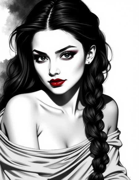 zavy-fnrt , This is a highly detailed, hyper-realistic black and white drawing of a young woman with a striking expression. She has a fair complexion, long, wavy hair styled in two braids that fall over her shoulders, and dark, expressive eyes that gaze directly at the viewer. Her lips are full and painted in a deep, rich shade of red, adding a dramatic contrast to the monochromatic background. She is partially draped in a loose, flowing garment that is rendered with soft, feathery strokes, giving it a delicate, almost ethereal texture. Her physique is slender, and she is posed in a three-quarter view, turning her head slightly to the left. The background is minimalistic and abstract, consisting of soft, smudged lines and gradients that emphasize the subject without distracting from her features. The overall style of the drawing is highly realistic, with meticulous attention to detail in the textures and shadows, creating a sense of depth and realism. The image conveys a sense of intimacy and sensualism. <lora:ck-greasepencil__:1> <lora:Add_More_details_Flux:1>