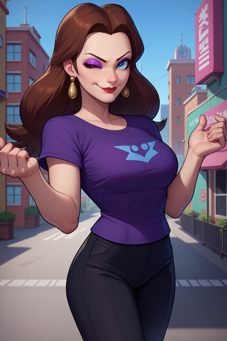 score_9, score_8_up, score_7_up, score_6_up, source_anime, 1girl, solo,  <lora:pauline-pdxl-nvwls-v1-000005:1> smopalne, brown hair, long hair, blue eyes, eyeshadow, lipstick, earrings, large breasts, purple t-shirt, black pants, looking at you, smirk, leaning foward, wink, city, full body