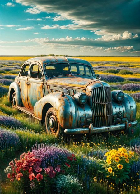 An ais-trnshd vintage car abandoned in a field of wildflowers <lora:ais-trnshd-sdxl:1>