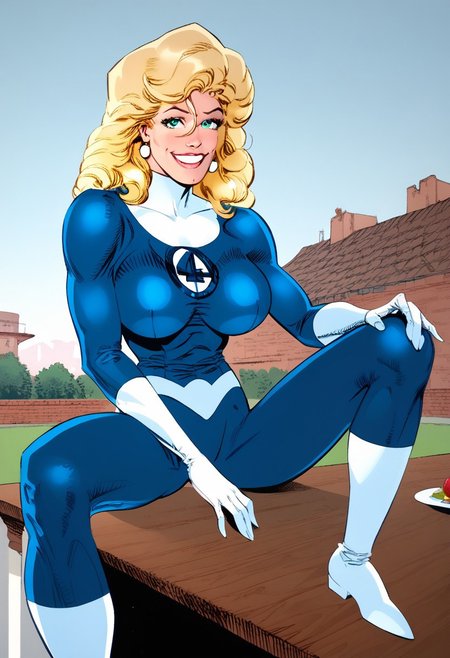 Erik Larsen Style, Erik Larsen Digital Style, Sue storm, 1girl, blonde hair, long hair,  short hair, blue bodysuit, white gloves, large breasts, comicbook style, score_9, score_8_up, score_8, seated opposite the viewer at a romantic dinner, sitting at a table during dinner, legs spread wide,(Romantic, Rooftop dining, Enchanting) smiling at the viewer,