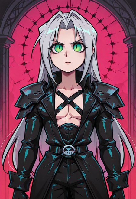 score_9,score_8_up,score_7_up,score_6_up, masterpiece, best quality, very aesthetic, 2d, ((thin lines)), vibrant saturated colors,
volumetric lighting, cinematic lighting, moody lighting, dramatic shadows,
detailed background, 
BREAK sephiroth, official outfit grey hair, long hair, very long hair, parted bangs, armor, open clothes, shoulder armor, long sleeves, pectorals, black jacket, jacket, black gloves, high collar, long bangs, black coat, green eyes, slit pupils, gothic noir background