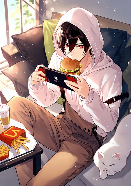 masterpiece,best quality,<lora:fat-noob05:1>,
lovebrush chronicles,ayn alwyn,1boy,cat,male focus,black hair,hood,food,phone,solo,cellphone,burger,sitting,pants,red eyes,holding,hair between eyes,smartphone,pillow,hoodie,short hair,long sleeves,hood up,handheld game console,brown pants,french fries,indoors,white hoodie,black cat,looking at viewer,sunlight,suspenders,mouth hold,window,table,bangs,cup,light particles,sandwich,animal,couch,eating,cushion,white cat,chair,day,nintendo switch,closed mouth,