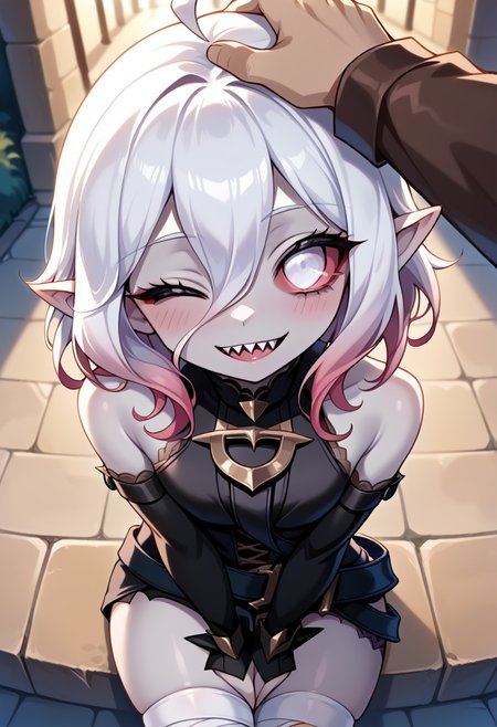 score_9, score_8_up, score_7_up, source anime, intricate, dynamic pose, 1girl, 1girl, briar, white eyes, colored sclera, white hair, gradient hair, short hair, hair between eyes, ahoge, pointy ears, sharp teeth, grey skin, bare shoulders, detached sleeves, bandaged legs, looking at viewer, smile, sitting, blush, from above, pov, head pat, one eye closed,
Outdoors, absurdres, perfect eyes, volumetric lighting, intricate_details_xl, motion lines, zPDXL2,