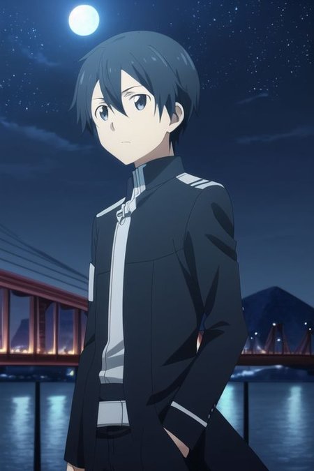 high resolution, professional photography, best quality, 1Boy, Kazuto Kirigaya, Black Hair, Black Eyes, depth of field, bright moon, fantastic night, stary sky, dreamlike, midle of bridge,