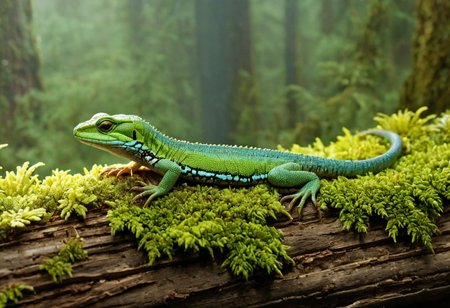 Cinematic, Cinematic Lighting, Cinematic Shot, extremely detailed, Film Still, macro photography, depth of field,  high detail, hires textures, incredibly detailed, intricate details, intricate diorama, masterpiece, Movie Still, outstanding intricacies, photorealism, true masterpiece, fountain background, glamourous, Stately, lizard, skink, Plestiodon, cry5t415ku11, Pacific Northwest conifer forest, sitting beneath a rotten log with mold and moss.
