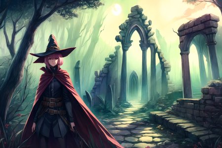 <lora:WitchHunter:0.8> WitchHunter, belt, cape, hat, dark forest, moonlight,  <lora:FantasyRuins:0.8> FanRu, magical fantasy world, ruins, overgrown, best quality, masterpiece, <lora:more_details:0.7>, 1girl, solo, pink hair, short hair, brown eyes