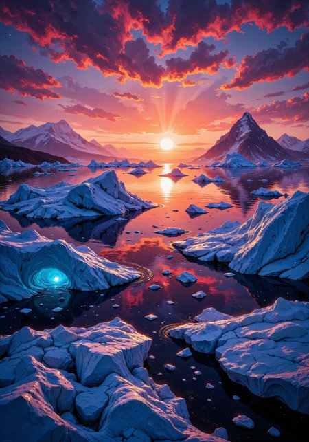 Ethereal arctic sunset over a vast ice pack, where floating icebergs are transformed into crystalline prisms catching the last light. The sky blazes with a gradient of magenta, amber, and deep violet tones rarely seen in warmer climates. Glacial surfaces reflect and refract sunset hues, creating diamond-like sparkles across the frozen seascape. Miniature ice caves glow from within with bio-luminescent blue undertones. The horizon features subtle silhouettes of distant mountains with knife-edge ridges. Atmospheric particulate matter from distant volcanic activity creates extraordinary light dispersion effects. Rendered in the style of expressionist oil painting with visible, confident brushstrokes and impasto technique highlighting textural contrast between ice and sky. Ultra HD 8K resolution, dramatic volumetric lighting, extreme depth of field capturing both foreground ice crystals and distant atmospheric phenomena. Evokes a profound sense of pristine solitude and ephemeral beauty. <lora:Dark_Gothic_Comic_style_v.2:0.6> <lora:It's a LoRA for portraits, BUT! actually specialized in backgrounds. v1.0:0.6> <lora:flux_vividizer:0.6> <lora:Anime realistic V2:0.3> <lora:aidmaMJ6.1-FLUX-v0.4:0.2> <lora:flux_dev:1>