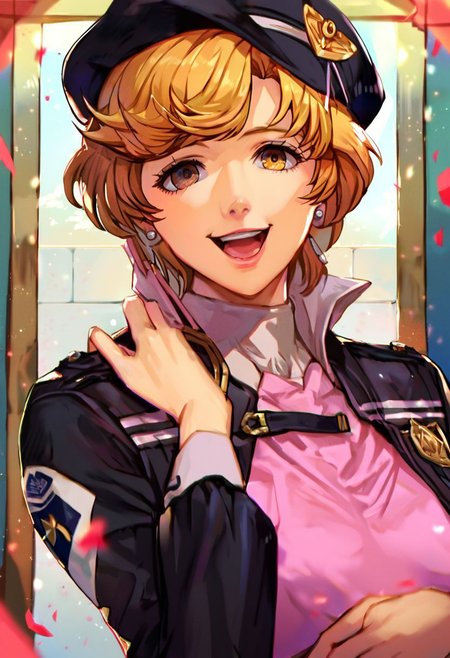 score_9, score_8_up, score_7_up, source_anime,
Frederica
hair ribbon, (best quality) , (highly detailed) ,masterpiece ,absurdres ,detailed face ,beautiful face ,(detailed eyes, deep eyes, anime eyes), 
1girl,solo,female,kawaii,cowboy_shot,pink shirt,shirt,short hat,black jacket,military uniform,white pants,cowboy_shot,hands_on_own_chest,smile,laughing,