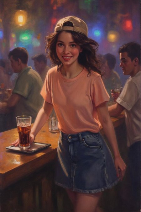 frankowensalisbury1 painting.
 The air buzzes with the energy of a busy bar, a mix of music, conversation, and the clinking of glasses. A barmaid, the embodiment of youthful vibrancy, navigates the lively scene. She wears a peach-coloured T-shirt, the soft fabric contrasting with the smooth, cold glass of coke she carries on a small tablet. Her short skirt adds a playful touch, and a backwards baseball cap hints at a carefree attitude. The setting and atmosphere are palpable: the warm, slightly sticky surface of the bar counter under her fingertips, the dim, colourful lighting that casts playful shadows. Sensory details are abundant: the condensation forming on the glass of coke, the texture of her denim skirt, and the way the bar lights catch the highlights in her hair. Her confident stride, her quick smile, and her efficient movements. Stylistically, the image draws inspiration from the vibrant, candid shots of nightlife photographers, with a touch of the stylized realism found in contemporary illustration. There's a deliberate contrast between the barmaid's youthful energy and the slightly worn, lived-in atmosphere of the bar, creating a dynamic and engaging image. <lora:frankowensalisbury1_cap_d8a4:1.0><lora:863241768387278080:0>