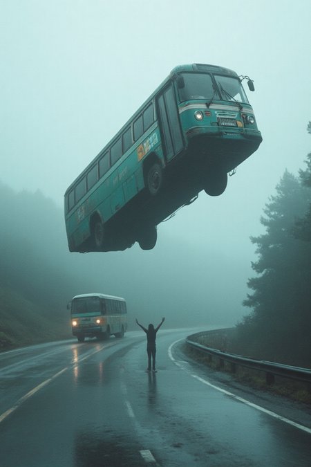 A surreal scene where a bus is suspended in mid-air above a road, with another smaller vehicle below it. The road is wet, reflecting the surroundings, and there's a person standing with arms raised, seemingly in awe or celebration. The backdrop consists of a misty forest, and the overall color palette is dominated by cool tones, giving the scene a dreamlike quality.