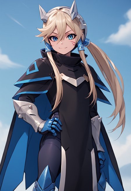 score_4,score_5,score_6,score_7_up,score_8_up,score_9 ((masterpiece,best quality,ultra detailed,highres,HD,4k:1.2)),
1 girl, solo, long hair, ponytail, blue eyes, sharp eyes, slanted eyes, hair tube, hair between eyes,facial scar, bangs, headgear,
cape, cloak, armor, spikes, gauntlets, 
standing,hand on hip,
smile,