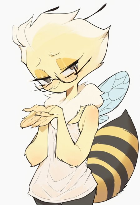 <lora:yuio_style_PONYXL:1.40>, score_9, score_8_up,BREAK
1girl, bee tail, bee wings, glasses, thigh, half lidded eyes, lustful expression, skindnetation, skinny, loose top, oversized tank top,small breast,upper body,cupping hands, solo focus, own hands together