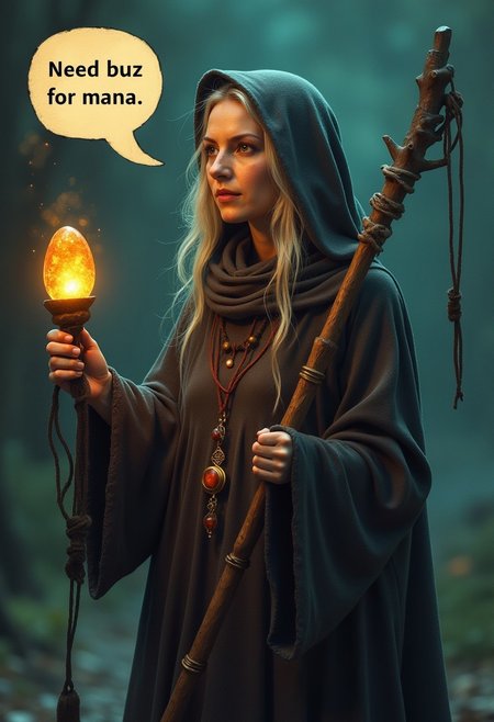 old woman sorcerer,holding  staff  glowing stone on it, speech bubble says "need buzz for mana",