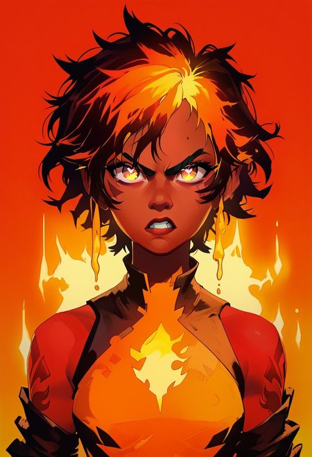 score_9, score_8_up, score_7_up, TKMND, ARKN2, volumetric lighting, portrait, face focus, cel shading, face adorned with shadows, 
BREAK
1girl, short hair, red pupils, fire mage, fiery hair, messy hair, dark red hair, leotard, gold patterns on leotard, angry face, sparkling eyes, arcane energy, lava dripping down face, dripping lava, flames in background, flames accentuates features,