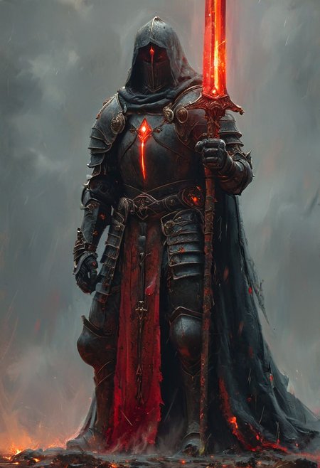 A stunning, highly detailed dark fantasy full body illustration of a proud demonic warrior wearing intricate medieval black HKStyle armor and an epic black ornamented mask, (holding a great crimson glowing spear) , cape, red glooming eyes, very wide shoulders, wearing big gauntlets, (crimson aura around body:1.5),epic composition. The warrior stands heroic with a flowing cloak and black hood during a storm with foggy gloom, thunderclouds in the background . The scene depicts him with brooding emotional agony , style by Greg Rutkowski, by Milo Manara and Russ Mills, with insanely intricate details and textures, gloomy dramatic lighting, 8K resolution