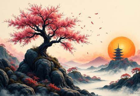 traditional Japanese art style, rice paper, grunge, ink, watercolor, Japanese mountains, a cherry blossom tree sitting on top of a large rock, by Ma Wan, cherry blossom petals blowing in wind, windy, pagoda, feudal Japan, sunset, wabi-sabi