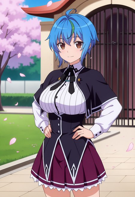 anime screencap, masterpiece, best quality,
<lora:HighSchoolDxDHERO_XenoviaQuarta_IlluXL:0.9>,
1girl, solo, closed mouth, light smile, light blush,
short hair, streaked hair, blue hair, green hair, brown eyes, ahoge,
XenoviaSchool, black capelet, striped shirt, white shirt, neck ribbon, black ribbon, long sleeves, black corset, buttons,
pleated skirt, frilled skirt, purple skirt,
standing, looking at viewer, cowboy shot, hands on own hips,
blurry background, outdoors, school, gate, grass, petals, cherry blossoms