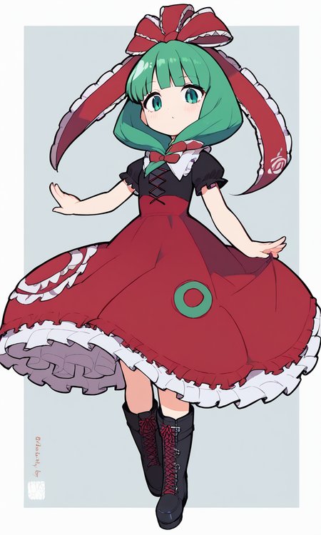 score_9, score_8_up, score_8, score_9, 1 girl,  source_anime, kagiyama hina, green hair, green eyes, ribbon, bow, lace trim, frills, dress, red dress, hair bow, <lora:hina_pony-10:1>,  black shirt,  black boots,   <lora:Eiken3kyuboy_Artist_Style_ponyXL-000018:0.8>, puffy short sleeves