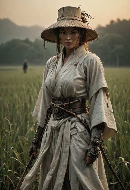 super closeup portrait by franco fontana, Create a vivid scene featuring a busty feudal cyborg shinobi, adorned in white linen hanfu with a large bamboo sedge hat, standing on a dew-covered morning meadow. arms up, bruce lees iconic fighting stance pose, while a subtle glowing aura of energy envelops the warrior.
