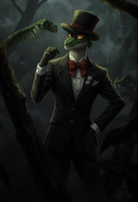 <lora:ck-LttleGhost-000011.safetensors:1> in the style of ck-lttlegh0stA reptilian man in a black suit, smoking hat, and red bowtie poses in a misty, dark atmosphere with yellow eyes and sharp teeth. The image features detailed shading and textures, blending fantasy with realism.