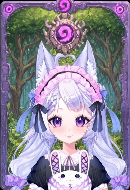 score_9,score_8_up,score_7_up, source_anime,
hyper-detailed, masterpiece, best quality,
(simfonira, source_reference),source_screen_good, model_type_fox,ears_fox, outfit_maid,maid, hair_tails,twintails, long hair, hair bow,  eyes_purple,purple eyes,
upper body,
looking at viewer,
portrait,
Card, Tarot, graphic border, Illustrative,
pink atmosphere, obsidian stone, skeuomorphic, detailed,
Smiling eyes,
forest background,
Lustful personality, 
Jewelry, Extravagant, Shoulderless,
glowneon, glowing, lightning