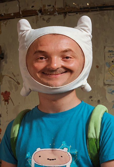 score_9, score_8_up, score_7_up,  MEATMAN f1nn4,1boy,finn the human,adventure time,solo, portrait,smile, <lora:Adventure_Time_Style_LORA:1> dot eyes, blue shirt