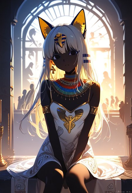 (masterpiece, best quality), (score_9, score_8_up, score_7_up,source_anime), 4K8K, high res image, Uncorrected, white print, lineart print, print, 
from front, upperbody, portrait, 
Ankha_(Animal_Crossing), (solo:1.3), 
(animals), silhouette, backlit, backlighting, dark night, Porcelain Mix Gold, pmg style, 
(golden lines, white silhouette skin, Skin like porcelain), 
sitting, bent over, spreading legs, Arms between legs, Porcelain wall, (small stature, petite:1.3), (breasts:1.1), (white hair, verry long hair, cat ears),
(wearing Porcelain clothing, Porcelain Egyptian-style dress),