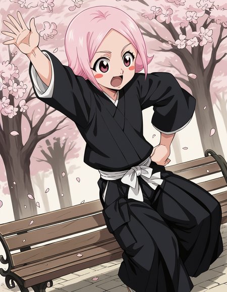 score_9, score_8_up, score_7_up, source_anime, <lora:yachiru-kusajishi-anime-ponyxl-lora-nochekaiser:1>, yachiru kusajishi, short hair, pink hair, pink eyes, blush stickers, forehead,, long sleeves, japanese clothes, hakama, black hakama,, park, cherry blossoms, bench, gentle breeze, peaceful, running, open mouth,, , , arm outstretched, hand on hip, knee bent, solo,, cowboy shot, dutch angle