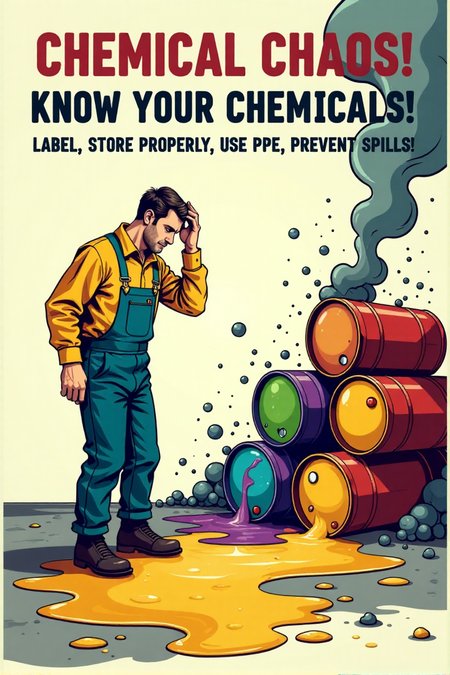 "Vintage safety poster cartoon depicting a comical chemical spill scene.  A worker has clumsily knocked over a stack of unlabeled, precariously piled chemical drums, causing them to leak and spill brightly colored, bubbling chemicals across the floor. He is standing amidst the puddles, wearing no protective gear, just scratching his head in confusion as comical fumes rise around him and change color.  The sign text urgently warns: 'CHEMICAL CHAOS!  KNOW YOUR CHEMICALS!  LABEL, STORE PROPERLY, USE PPE, PREVENT SPILLS!'  Render in a slightly chaotic, vintage cartoon style, emphasizing the vibrant and alarming colors of the spilled chemicals and the worker's lack of protection.  Use a rainbow of alarming chemical colors (bright greens, toxic yellows, bubbling purples) against a stark white background to highlight the hazard. Visually stunning vintage cartoon, impactful chemical safety message, high detail in chemical spill effects and the worker's unprotected state." <lora:REMEs_War_Poster_Style:0.9> In REME's War Poster Style,âââ