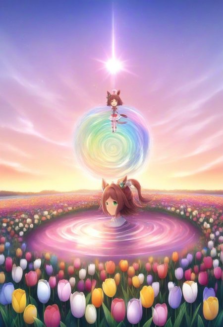 (umamusume, rhein_kraft_(umamusume), horse_ears, horse_girl, tail, 1girl, Tulip, animal_ears,), 
casual, field, flower, flower_field, green_eyes, hair_between_eyes,  solo, , symmetric ,spiralling vortex made of multicoloured tulips,ripples, reflective, jaynl-tm, rainbow, , g0ldsw0rthy,
(realistic, photo,  artistic, medium_hair, one_eye_closed, petals, relaxing,  lush foliage sunrise,  ,  : 0.7)