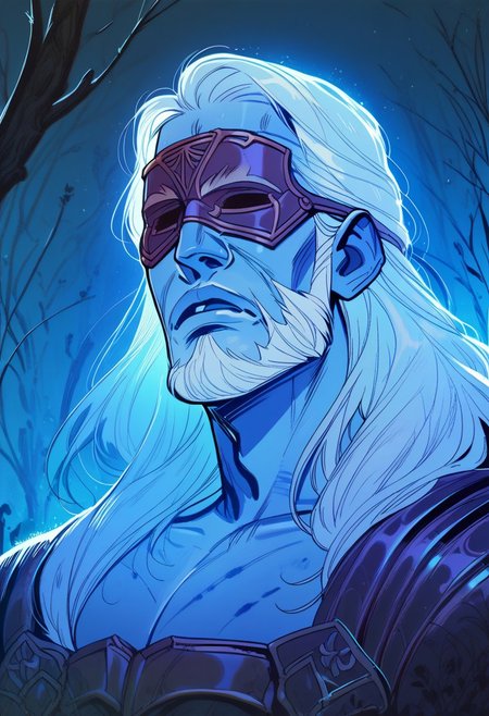score_9, score_8_up, score_8, score_7_up, score_7, score_6_up, score_6, score_5_up, Score_5,  ghostly, blue_skin, blank_eyes, elderly man, broad, long hair, beard, armor, obscured eyes, blindfold, stoic expression, vox machine style, 1boy, male focus, solo, portrait,  forest background, fantasy, (dynamic lighting:1.1)
((masterpiece))