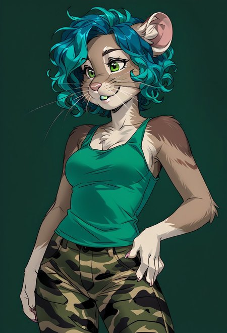 score_9, score_8_up, score_7_up, (by jailbird:1.5), (by kittydee:1.5), (by zummeng:1.5), masterpiece, best quality, (solo),
(Furry Art: anthro: ili pika:1.5), 1girl, expressive eyes, feminine eyes, <lora:beautiful_detailed_eyes:1>, perfect face, rodent, rounded ears, brown fur, whiskers, tailless, green eyes, (light blue hair:1.5), (dark green inner hair:1.3), (short hair), (wavy hair), medium breasts, (military camouflage pants:1.5), (green tank top:1.5),